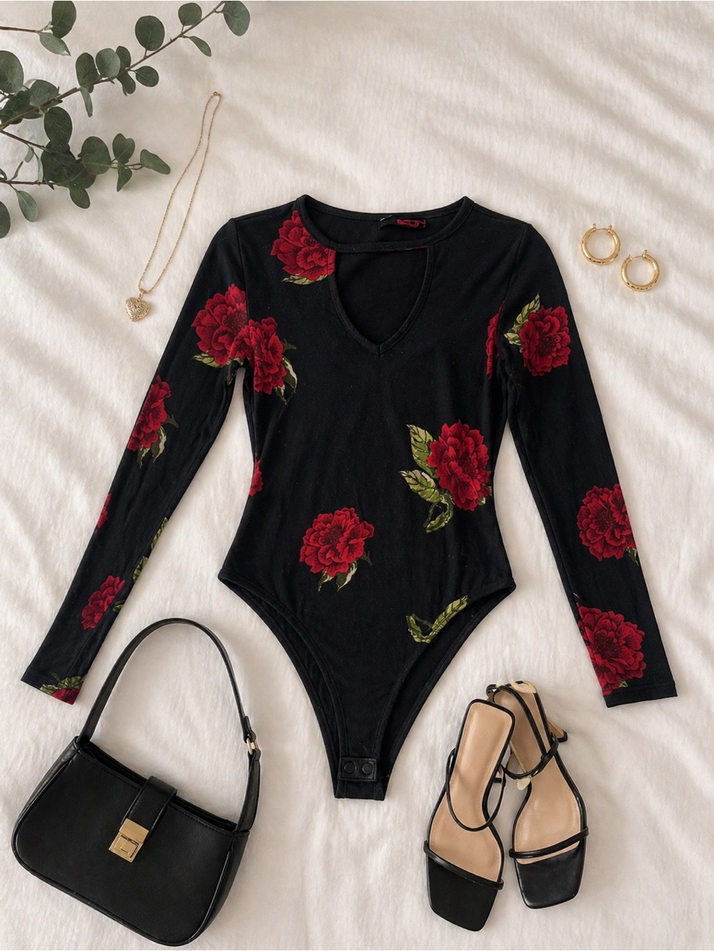 Derek Heart Black Long-Sleeve V-Neck Bodysuit with Red Rose Print